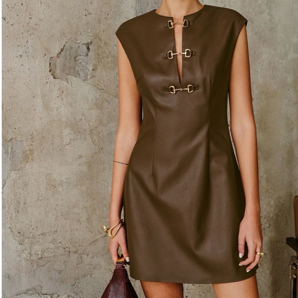 NWT Faux Leather Brown Sleeveless SZ L Dress